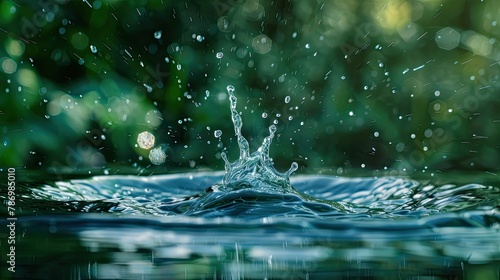 A close-up of a water droplet splashing into a pond