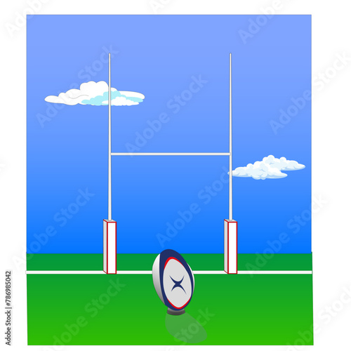 Terrain de rugby avec ballon et but sous ciel bleu