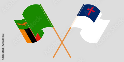 Crossed and waving flags of Zambia and christianity