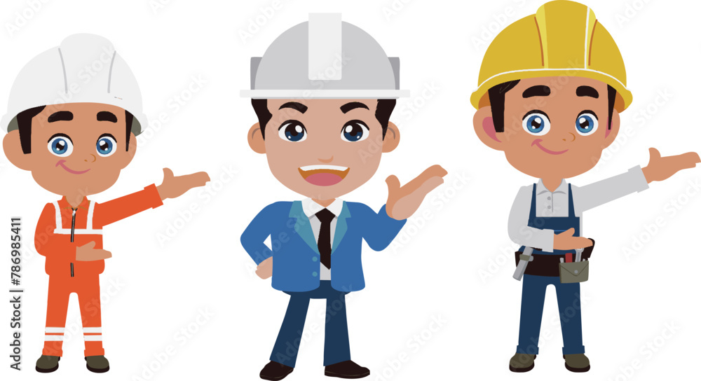 Set of Funny Cartoon Builder. Male Worker Character Illustration. Construction worker character. Flat style vector illustration isolated on white background. Set of Funny Cartoon Builder. Male Worker Character Illustration. Construction worker character. Flat style vector illustration isolated on white background.
