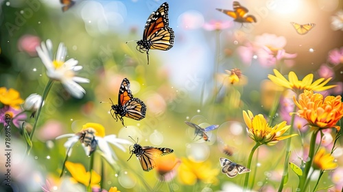 A close-up of bees and butterflies pollinating flowers photo