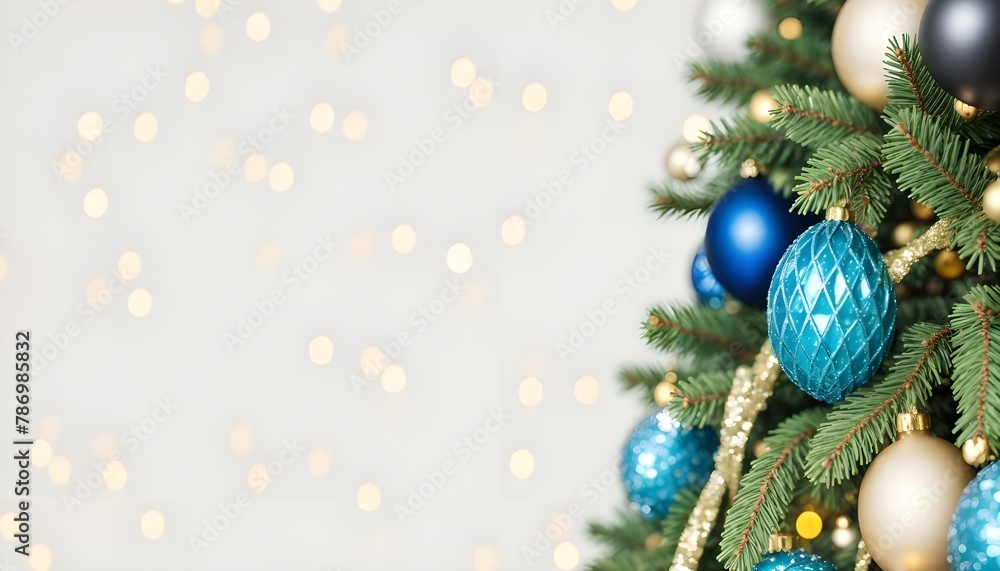 Festive Christmas Tree with Ornaments and Balls on a Golden Background with Bokeh Lights