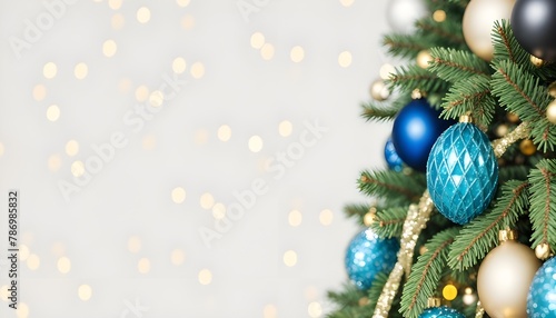 Festive Christmas Tree with Ornaments and Balls on a Golden Background with Bokeh Lights
