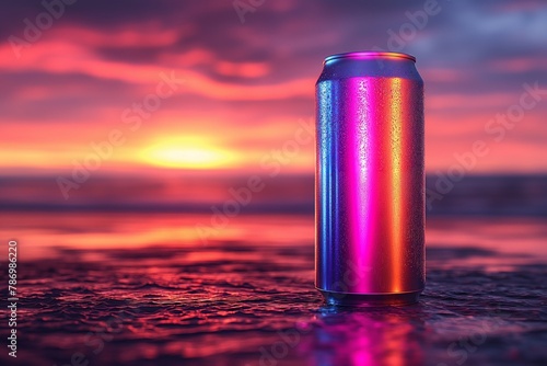 Metallic can with vibrant colors against a sunset over the ocean