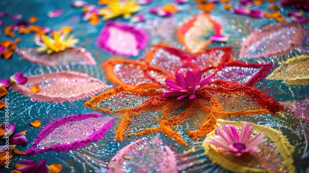 colorful rangoli patterns created on the floor using colored powders or flower petals