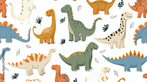 Hand drawn cute dinosaurs. Colored vector seamless pat