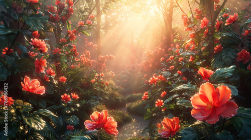 Warm sunlight illuminating a tranquil garden, highlighting vibrant blooms and lush foliage © cheena