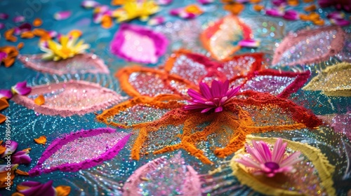 colorful rangoli patterns created on the floor using colored powders or flower petals © nurasiyah