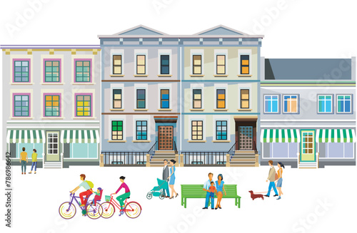  Stadtsilhouette mit Menschengruppen in der Freizeit im Wohnviertel, Illustration