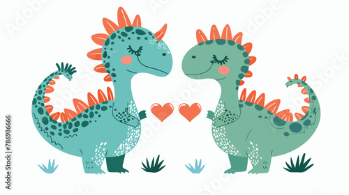 Dinosaur love couple set isolated on white background