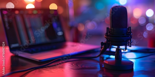 photo of podcast microphone and laptop on desk.