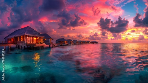 Amazing sunset panorama at Maldives. Luxury resort villas seascape with soft led lights under colorful sky. © Nicat