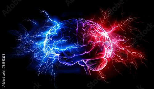 Realistic brain with electric blue and red energy flowing through it.