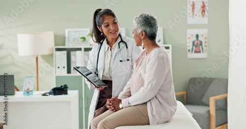 Discussion, tablet and doctor with senior patient in hospital office for diagnosis, surgery or treatment. Consultation, professional and healthcare worker with woman on digital technology in clinic.