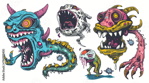 Hand drawn Four monsters and space invaders. Colored vector