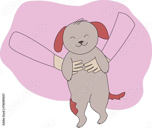 Cute puppy in woman hands in cartoon style. Dog adoption template in pink background