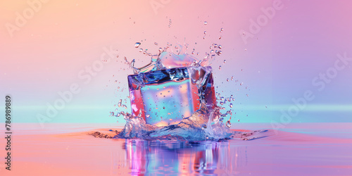 levitating cube of ice on vibrant summer one color background