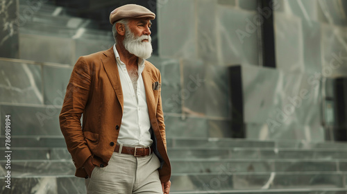 fashion photo A handsome man with grey hair and beard, wearing an elegant suit in light brown fabric, vest of checkered pattern, shirt white colour, cap worn on head is gray colour, shoes beige color.