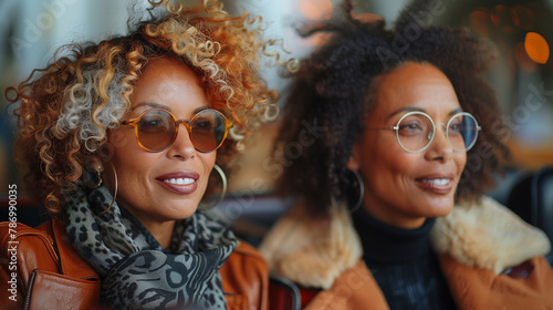 Wide angle close up of two fashionable, middle aged gorgeous women sitting in a black convertible with cognac colored seats photo