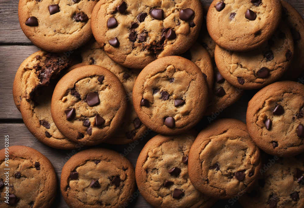 Closeup of chocolate chip cookies on a wooden plate