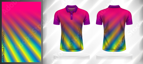 Vector sport pattern design template for Polo T-shirt front and back with short sleeve view mockup. Shades of pink-purple-blue-yellow color gradient abstract line texture background illustration.