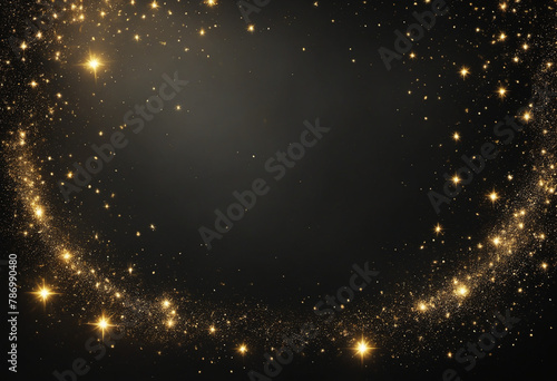 Abstract festive dark background with gold stars and glitter. New year, birthday, holidays celebration wall paper.