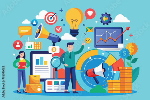 Digital Marketing Strategy, Business Analytics, and Online Promotion Concept Flat Illustration