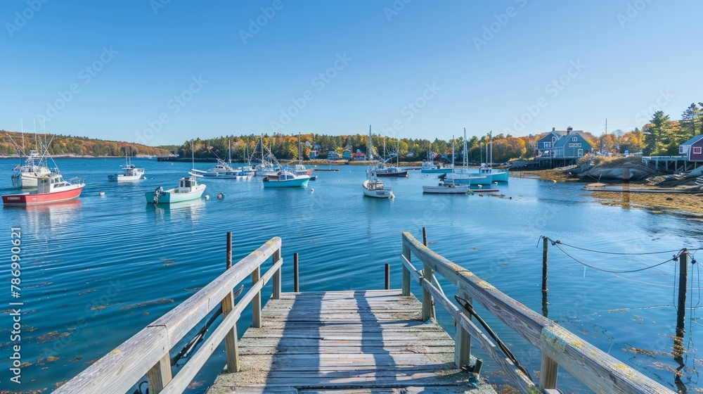 GEORGETOWN, MAINE - OCTOBER 14, 2017: A view from a fishing dock overlooking numerous boats moored in blue waters of picturesque Sheepscot Bay.