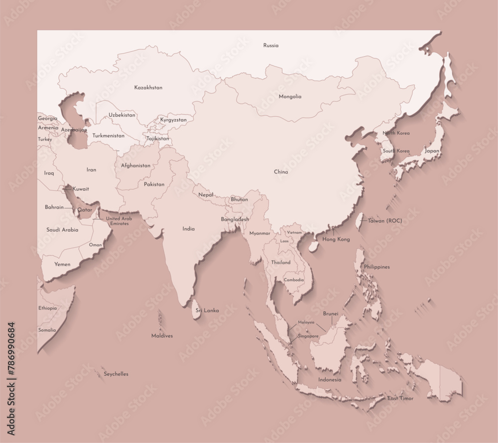 Vector illustration with Asian continent with borders of countries and names of states. Political map in brown colors with regions. Beige background