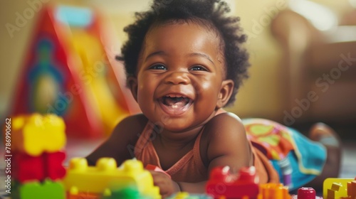 Cute smiling African boy playing with toy blocks, early childhood development