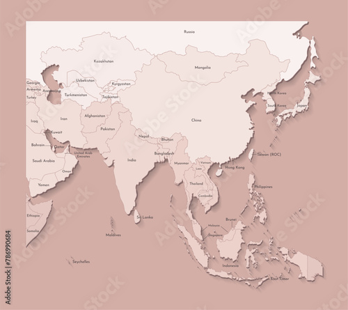 Vector illustration with Asian continent with borders of countries and names of states. Political map in brown colors with regions. Beige background