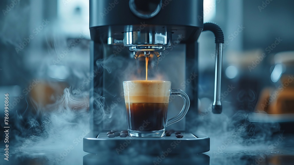 A black coffee machine brewing a rich espresso. AI generate illustration - obrazy, fototapety, plakaty 
