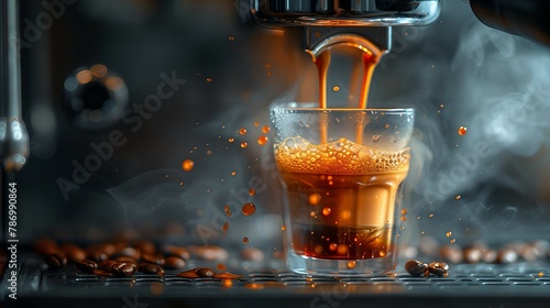 A black coffee machine brewing a rich espresso. AI generate illustration