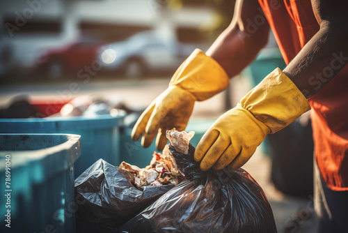 A volunteer taking care of the environment by collecting garbage and trash in a bag.