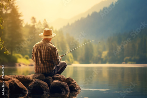 Against the backdrop of vibrant fall foliage, a fisherman patiently waits by the serene pond, immersed in the timeless leisure of fishing. photo