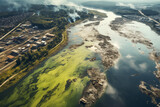 Poisonous liquid dump: An environmental disaster captured from above, illustrating the vivid colors and abstract patterns formed by chemical contamination.