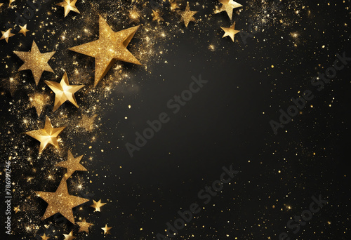 Abstract festive dark background with gold and black stars. New year, birthday, holidays celebration wall paper.