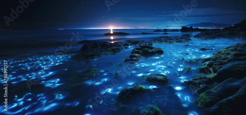A breathtaking scene of bioluminescent waves gently washing ashore at night, transforming the beach into a magical paradise of glowing light.
