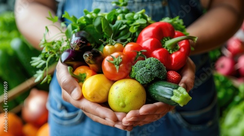 hands holding fresh fruits and vegetables as symbols of a balanced diet