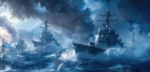 A navy fleet of warships, including the destroyer and frigate in front with a stormy sea background. photo