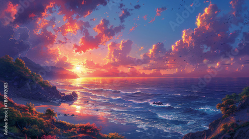 Glorious sunrise painting the sky with vibrant hues over a tranquil coastal landscape #786992003