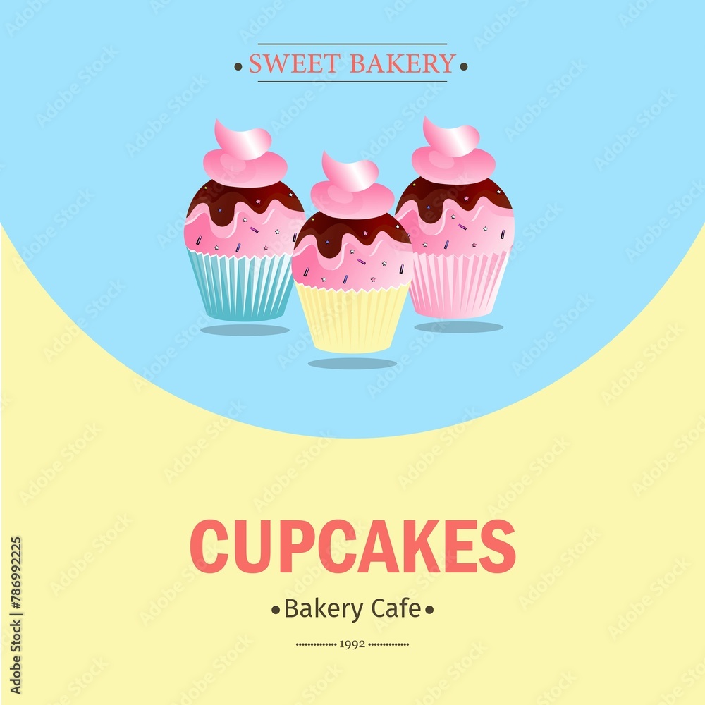 3 cupcakes illustration poster