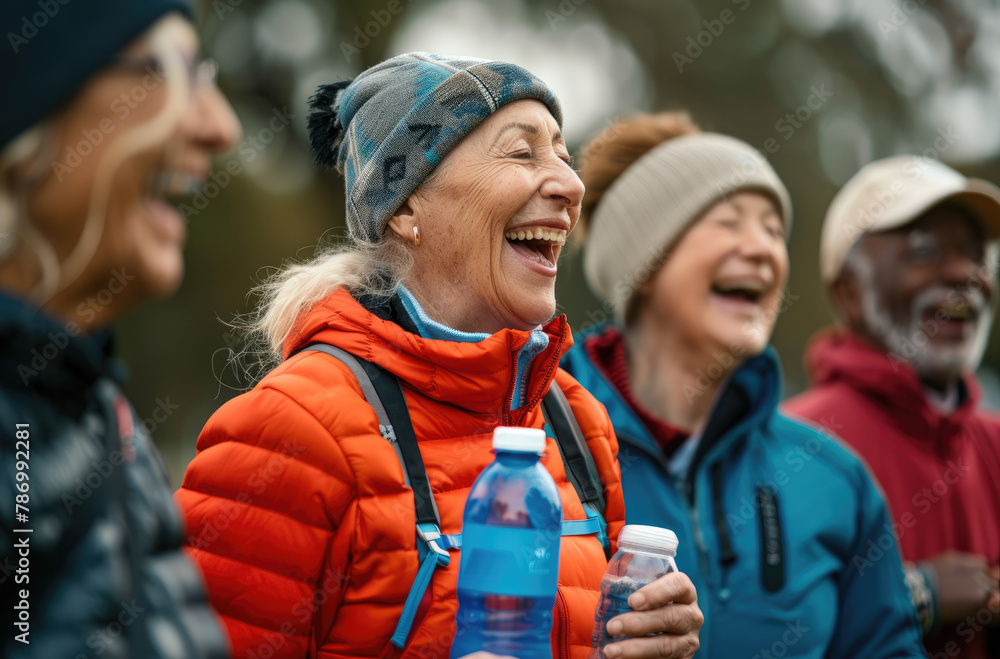 A group of senior friends laughing and smiling while wearing sports gear, with one person holding their water bottle in the park, symbolizing social interaction through fitness activities for elderly 