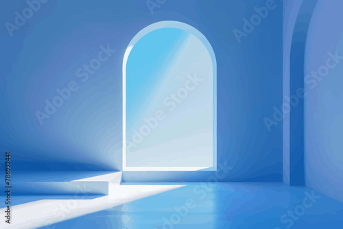 a blue room with a white arch and light coming through it photo