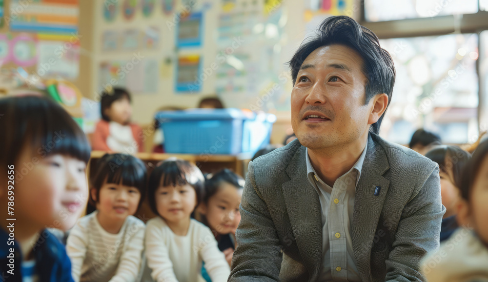 A Japanese male teacher mentors primary school children in a class, sharing knowledge and wisdom. A Japanese male teacher mentors primary school children in a class, sharing knowledge and wisdom.
