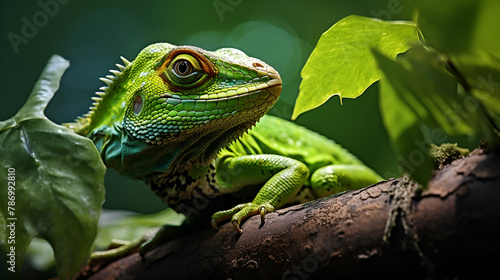 illustration of a huge green lizard on the trunk of a tree © Microtech