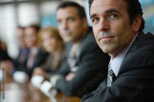 A male executive from America listens attentively to a discussion in a corporate meeting room. --ar 3:2 --style raw Job ID: 38d15dea-eb50-4c3e-8127-7d5a4a87aafa