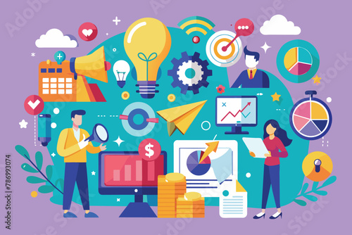 Digital Marketing Strategy, Business Analytics and Online Advertising Flat Vector Illustration