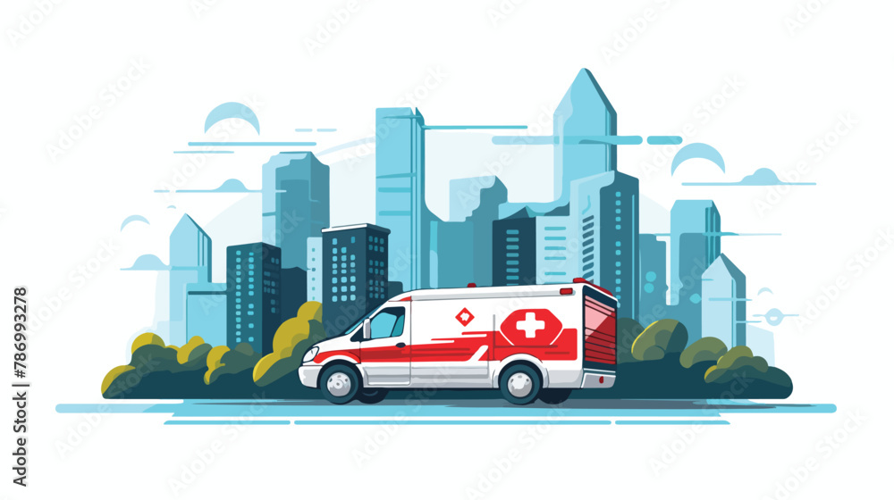 Emergency ambulance navigates city streets responding