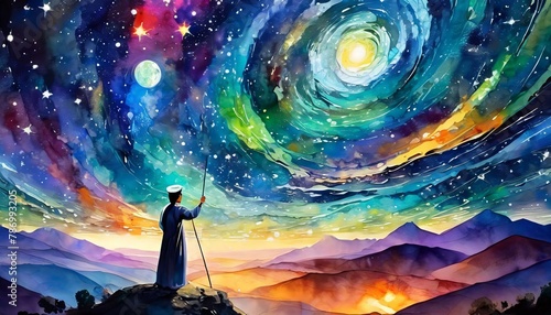 Depict an artist's dream where they paint with cosmic ink that behaves like fluid constellations photo